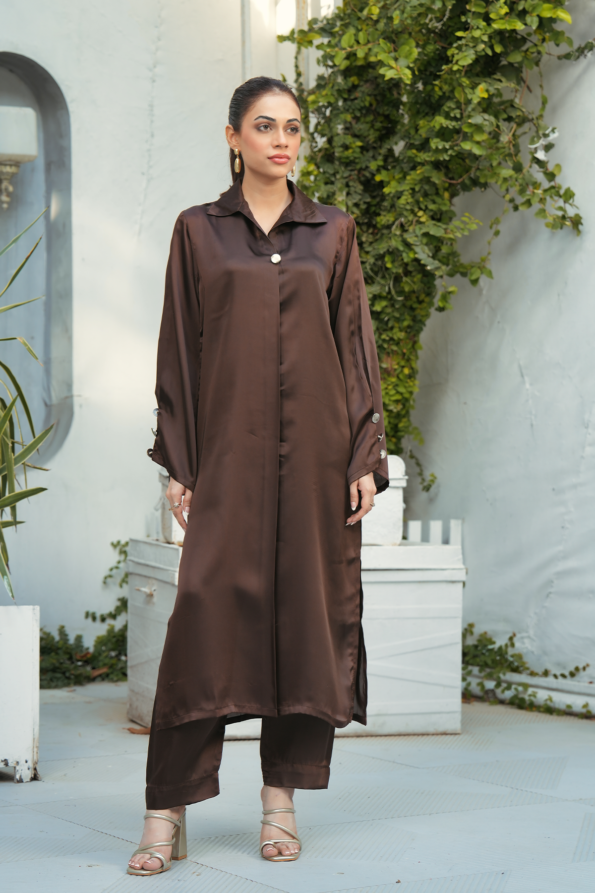 Dark Chocolate Brown Solid 2-Piece Shirt & Trouser Set