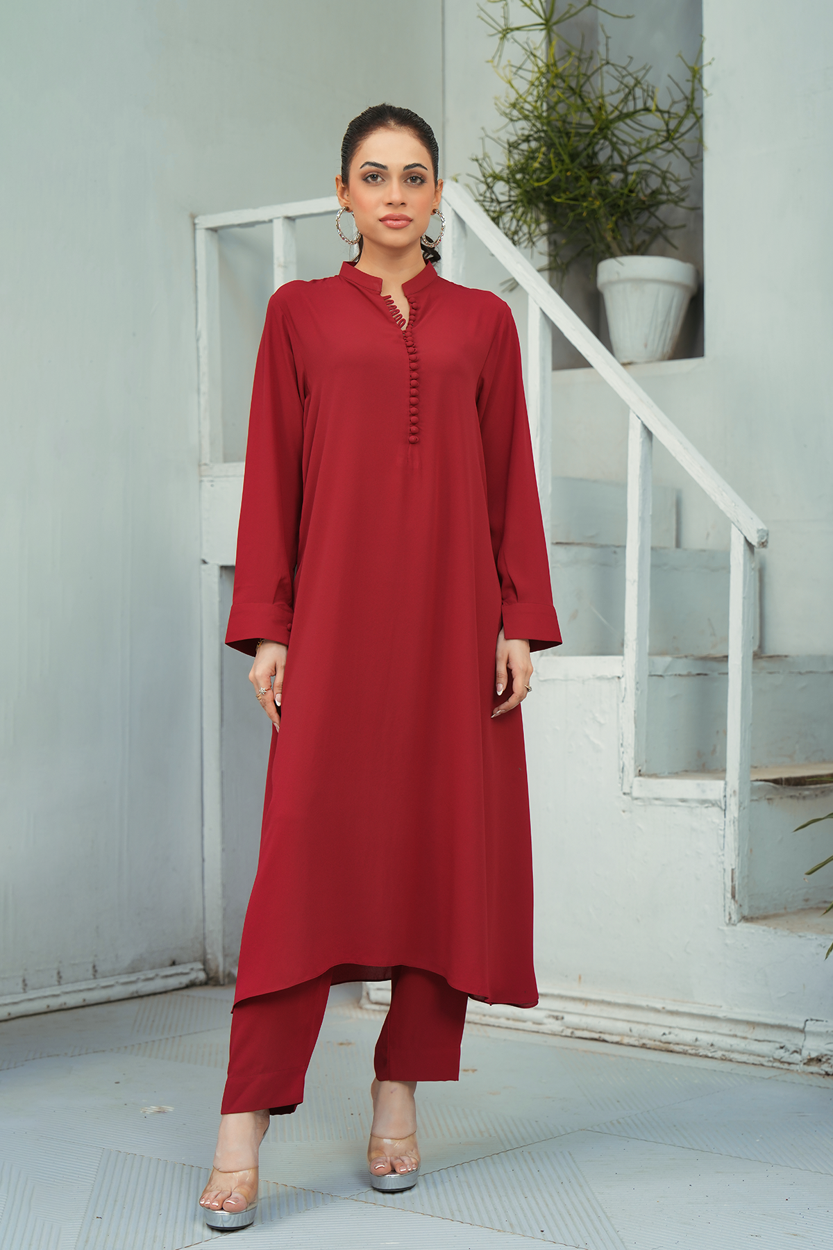 Reddish Maroon Solid 2-Piece Shirt & Trouser Set