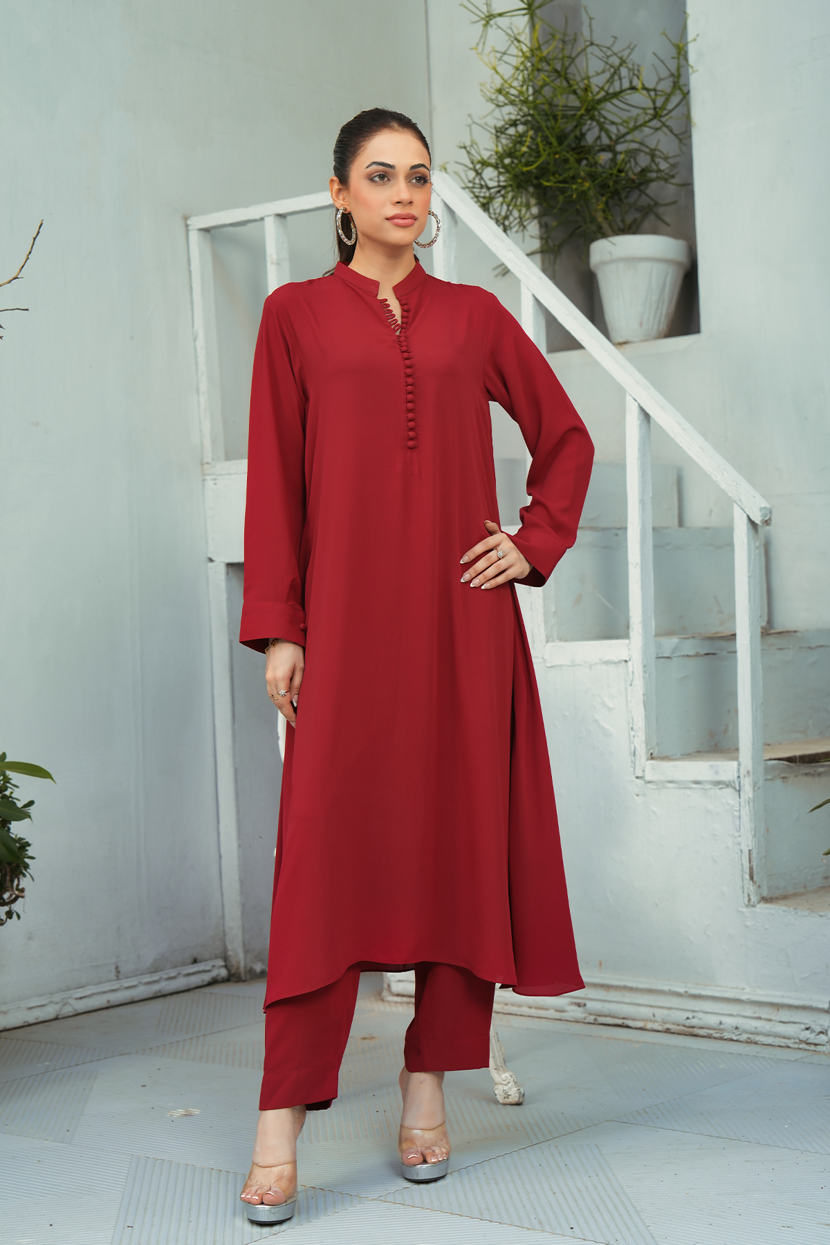 Reddish Maroon Solid 2-Piece Shirt & Trouser Set