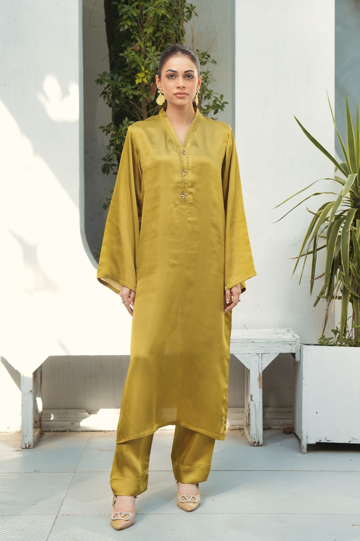Olive Solid 2-Piece Shirt & Trouser Set