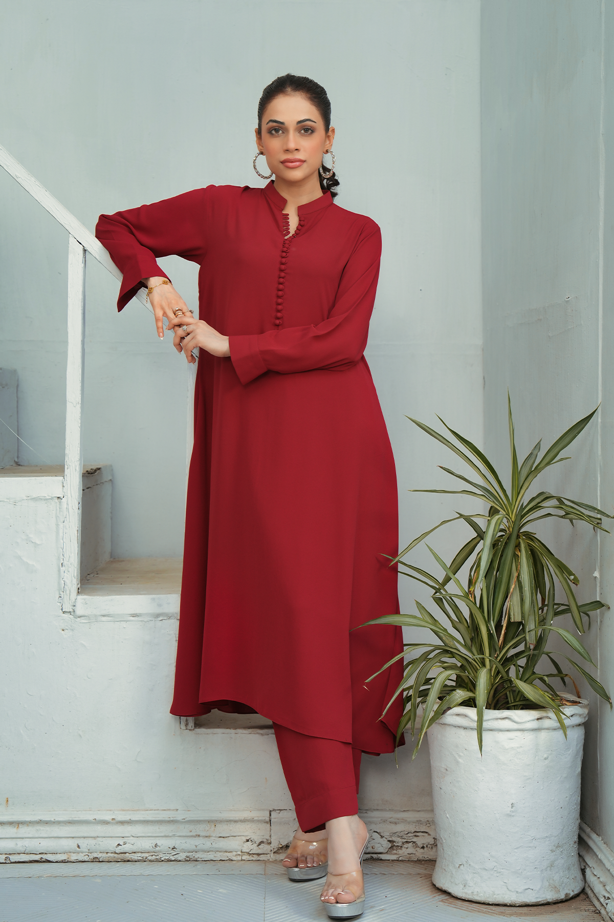 Reddish Maroon Solid 2-Piece Shirt & Trouser Set