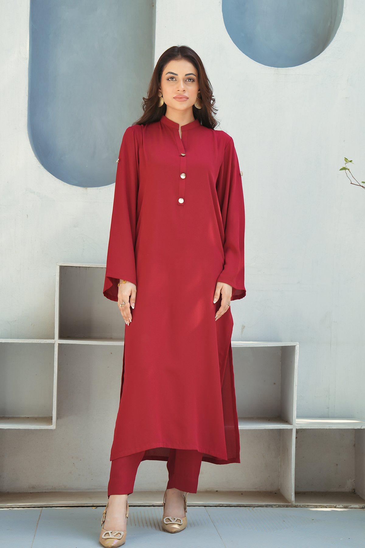 Maroon Solid 2-Piece Shirt & Trouser Set