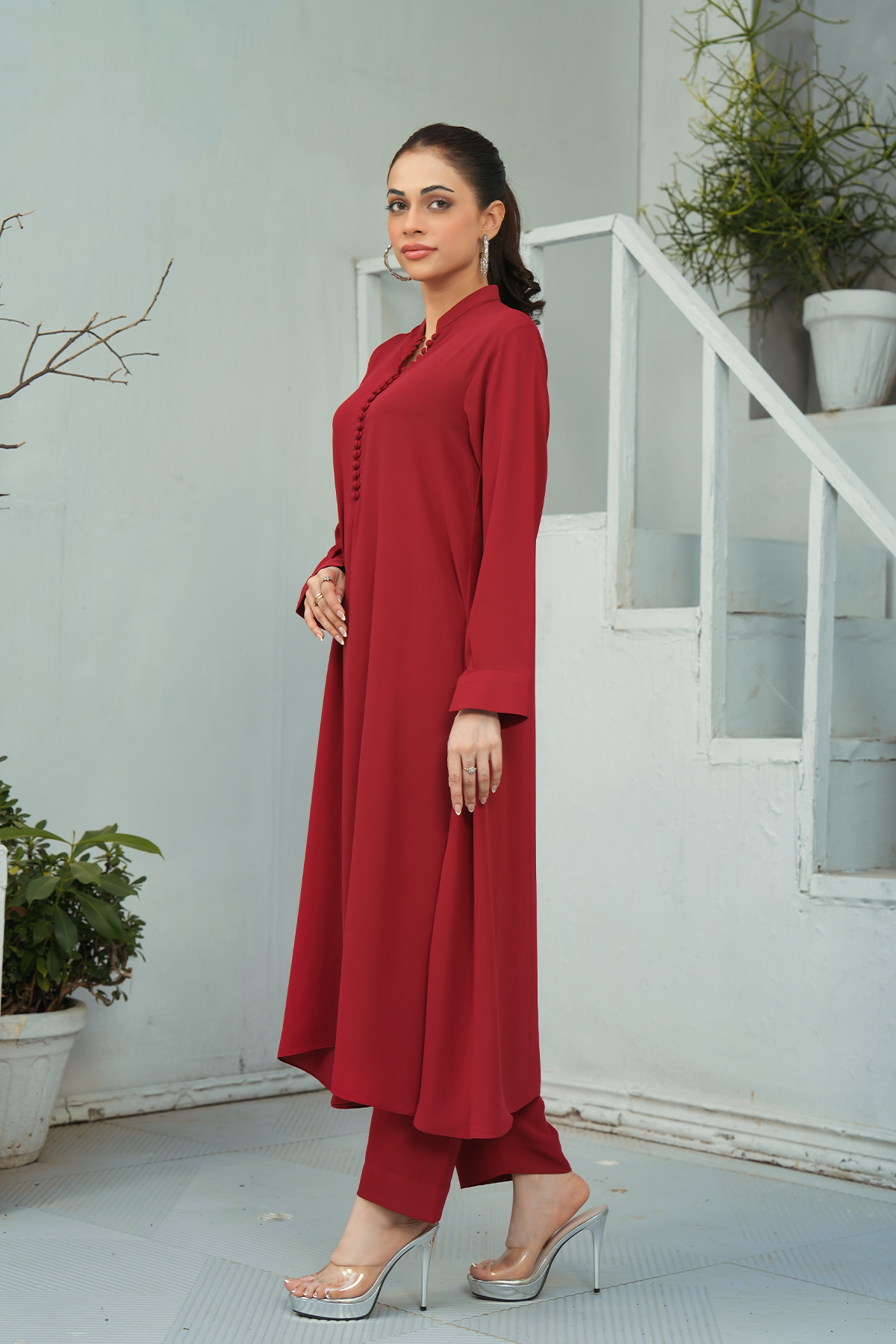 Reddish Maroon Solid 2-Piece Shirt & Trouser Set