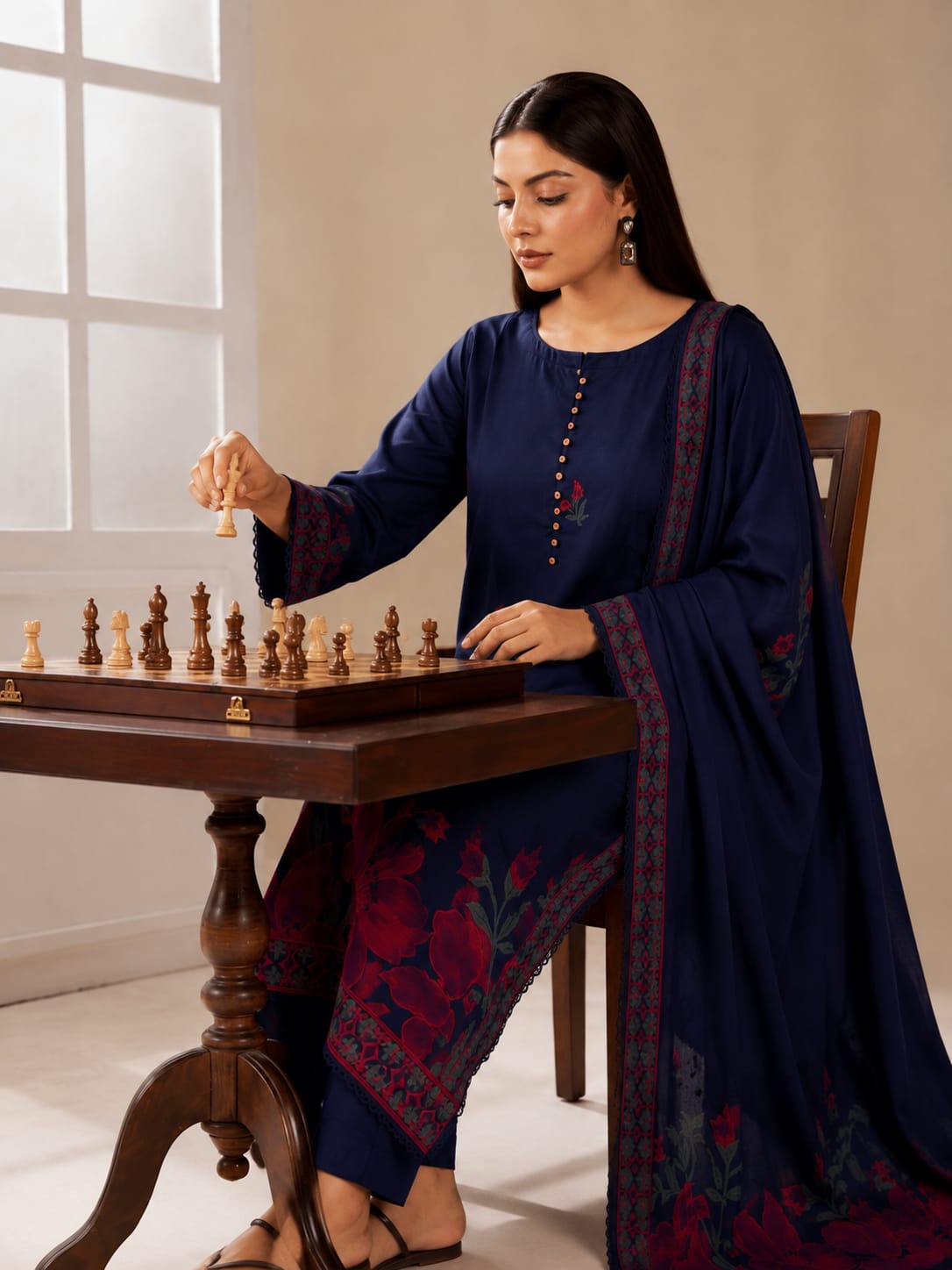 Nilofar – Navy Floral Border 3-Piece Suit